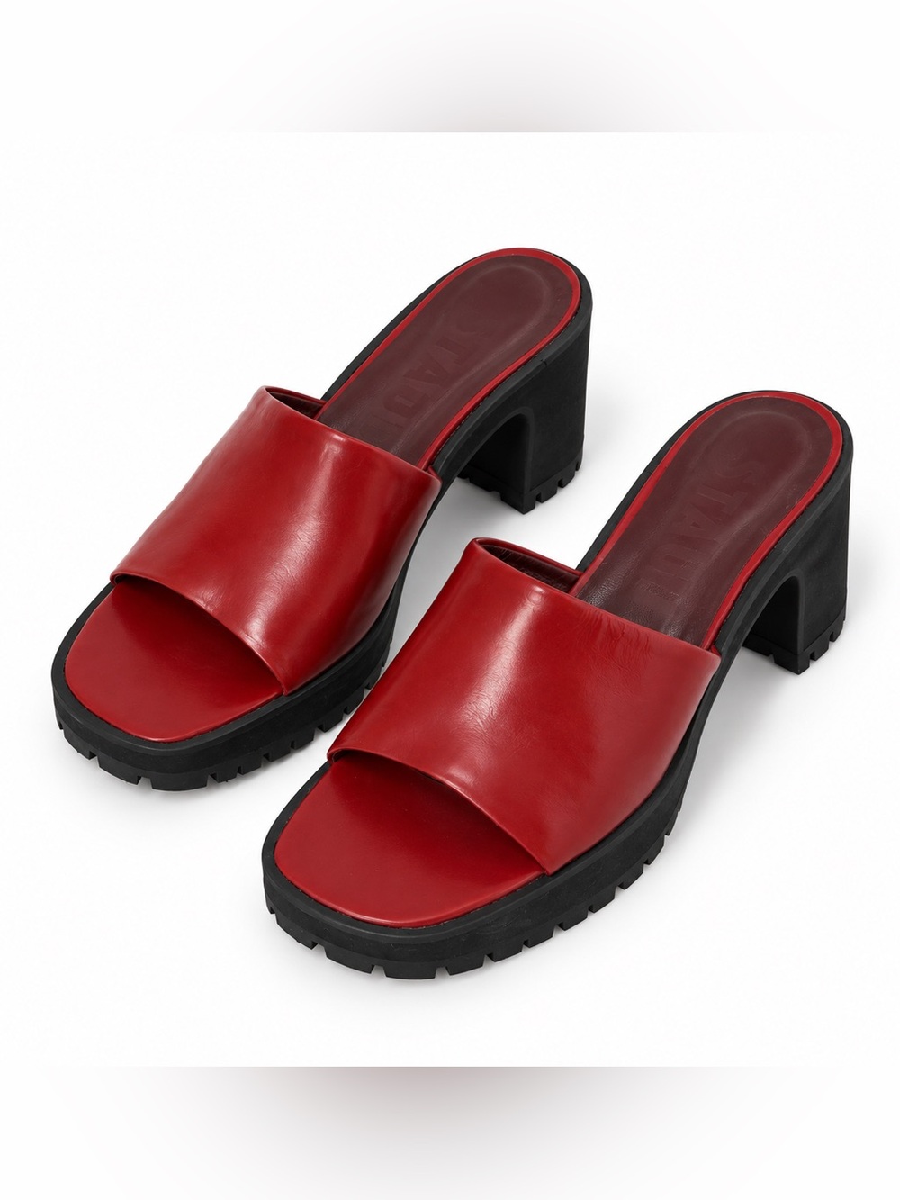 LIKE NEW STAUD Red Leather Block Heel Slide Platform Sandals Designer